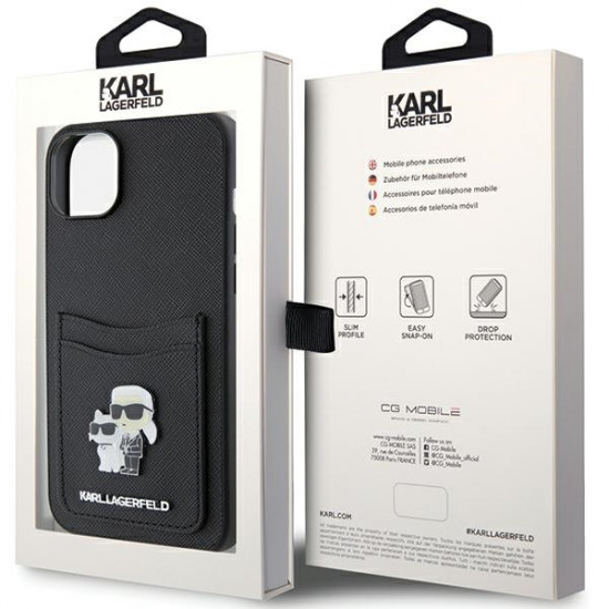 Karl Lagerfeld KLHCP15SSAPKCNPK iPhone 15 6.1" black hardcase Saffiano Cardslot Karl&Choupette Metal Pin