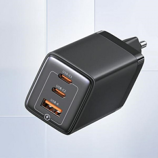 USAMS US-CC180 Sandru Series 2xUSB-C+1xUSB-A GaN PD QC 65W black wall charger