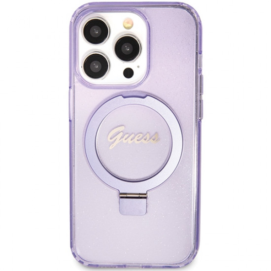 Guess GUHMP15LHRSGSU iPhone 15 Pro 6.1" fioletowy/purple hardcase Ring Stand Script Glitter MagSafe