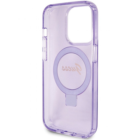 Guess GUHMP15LHRSGSU iPhone 15 Pro 6.1" fioletowy/purple hardcase Ring Stand Script Glitter MagSafe