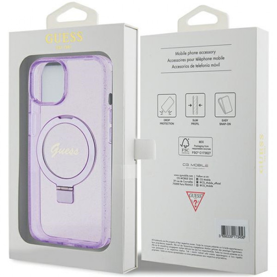 Guess GUHMP15MHRSGSU iPhone 15 Plus 6.7" fioletowy/purple hardcase Ring Stand Script Glitter MagSafe