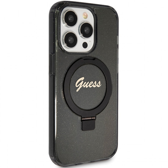 Guess GUHMP15XHRSGSK iPhone 15 Pro Max 6.7" czarny/black hardcase Ring Stand Script Glitter MagSafe