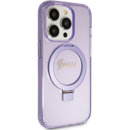 Guess GUHMP15XHRSGSU iPhone 15 Pro Max 6.7" fioletowy/purple hardcase Ring Stand Script Glitter MagSafe