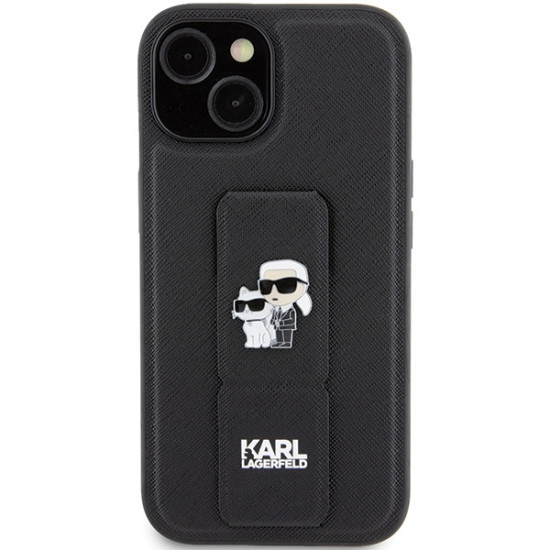 Karl Lagerfeld KLHCP15SGSAKCPK iPhone 15 6.1" czarny/black hardcase Gripstand Saffiano Karl&Choupette Pins