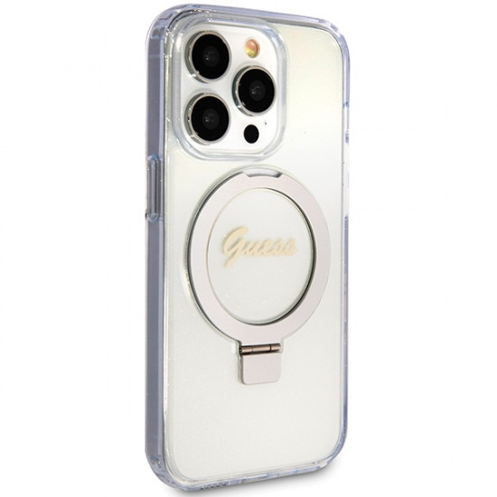 Guess GUHMP15LHRSGSD iPhone 15 Pro 6.1" transparent hardcase Ring Stand Script Glitter MagSafe