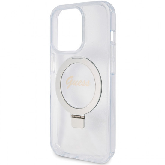 Guess GUHMP15LHRSGSD iPhone 15 Pro 6.1" transparent hardcase Ring Stand Script Glitter MagSafe