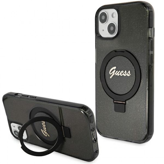 Guess GUHMP15MHRSGSK iPhone 15 Plus 6.7" black hardcase Ring Stand Script Glitter MagSafe