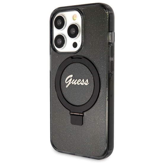 Guess GUHMP14LHRSGSK iPhone 14 Pro 6.1" black hardcase Ring Stand Script Glitter MagSafe