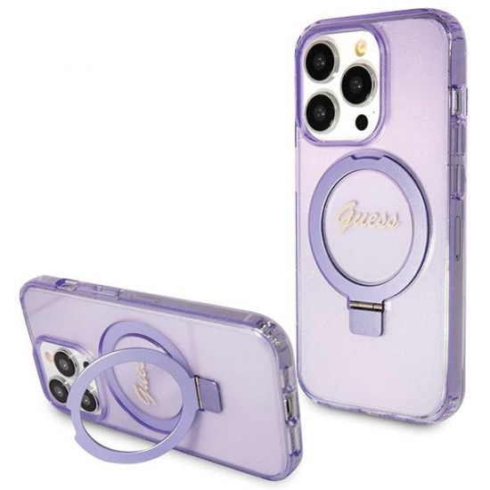 Guess GUHMP14LHRSGSU iPhone 14 Pro 6.1" purple hardcase Ring Stand Script Glitter MagSafe