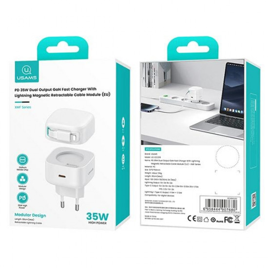 USAMS US-CC202 wall charger USB-C + Lighτning cable PD QC 35W white