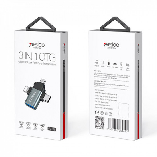 Yesido  OTG Adapter (GS15)  USB 3.0 to Lightning, Micro USB, Type C, Plug & Play, 480Mbps  Black