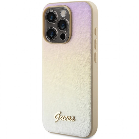 Guess GUHCP14LPSAIRSD iPhone 14 Pro 6.1" gold hardcase Saffiano Iridescent Script