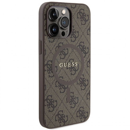 Guess GUHMP15LG4GFRW iPhone 15 Pro 6.1" brown hardcase 4G Collection Leather Metal Logo MagSafe