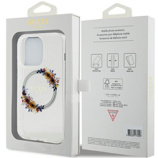 Guess GUHMP15LHFWFCT iPhone 15 Pro 6.1" transparent hardcase IML Flowers Wreatch MagSafe