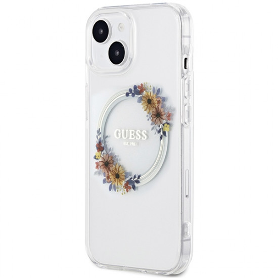 Guess GUHMP15SHFWFCT iPhone 15 / 14 / 13 6.1" transparent hardcase IML Flowers Wreatch MagSafe