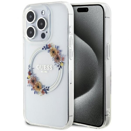 Guess GUHMP15XHFWFCT iPhone 15 Pro Max 6.7" transparent hardcase IML Flowers Wreatch MagSafe