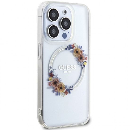 Guess GUHMP15XHFWFCT iPhone 15 Pro Max 6.7" transparent hardcase IML Flowers Wreatch MagSafe