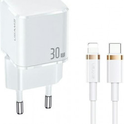 USAMS Wall Charger 1xUSB-C T45 30W PD3.0 +QC3.0 Fast Charging + cable U63 USB-C/Lightning white UXTZH02 (USAMS-UX)