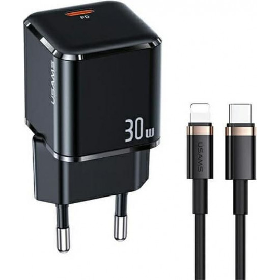 USAMS Wall Charger 1xUSB-C T45 30W PD3.0 +QC3.0 Fast Charging + cable U63 USB-C/Lightning black UXTZH01 (USAMS-UX)