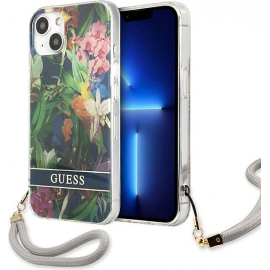 Guess GUHCP13SHFLSB Apple iPhone 13 mini blue hardcase Flower Strap