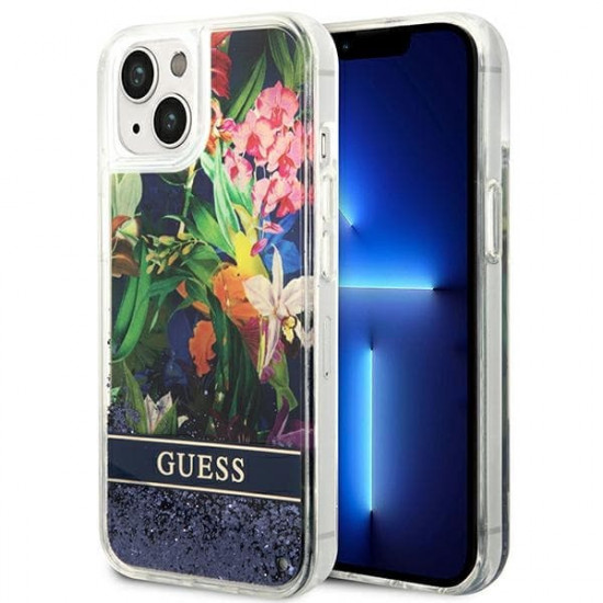 Guess GUHCP14SLFLSB Apple iPhone 14 blue hardcase Flower Liquid Glitter