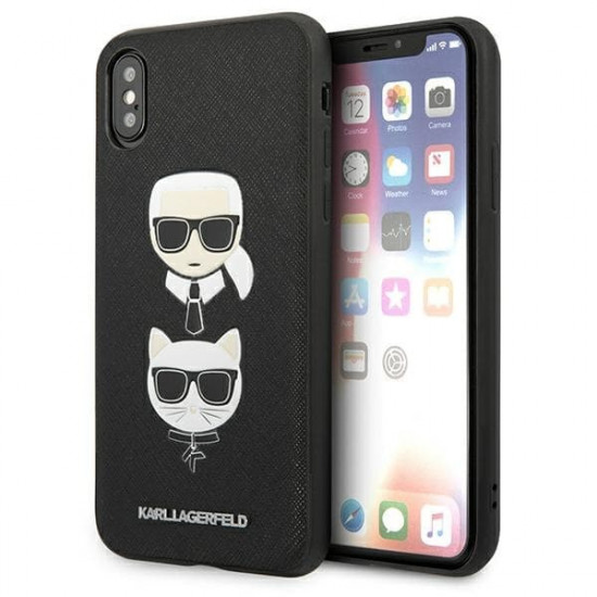 Karl Lagerfeld KLHCPXSAKICKCBK Apple iPhone XS/X black hardcase Saffiano Ikonik Karl&Choupette Head