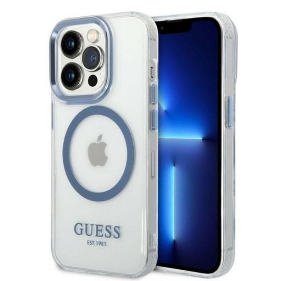 Guess GUHMP14LHTRMB Apple iPhone 14 Pro blue hard case Metal Outline Magsafe