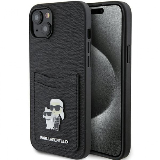 Karl Lagerfeld KLHCP15SSAPKCNPK iPhone 15 6.1" black hardcase Saffiano Cardslot Karl&Choupette Metal Pin