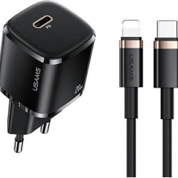 USAMS Wall Charger 1xUSB-C T36 mini 20W + cable USB-C-Lightning black PD3.0 Fast Charging XFKXLOGTL01 (US-CC124+US-SJ484)