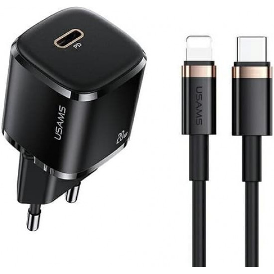 USAMS Wall Charger 1xUSB-C T36 mini 20W + cable USB-C-Lightning black PD3.0 Fast Charging XFKXLOGTL01 (US-CC124+US-SJ484)