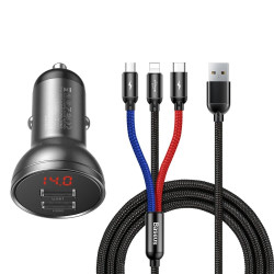 Baseus Digital Display Dual USB 4.8A Car Charger 24W + 3in1 USB - UBS Type C / micro USB / Lightning 1,2m cable black (TZCCBX-0G)