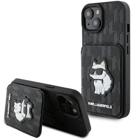 Karl Lagerfeld KLHCP15SSAKCNSCK iPhone 15 6.1" black hardcase Saffiano Cardslots and Stand Monogram Choupette