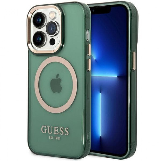 Guess GUHMP14XHTCMA iPhone 14 Pro Max 6,7" khaki hard case Gold Outline Translucent MagSafe