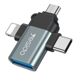 Yesido  OTG Adapter (GS15)  USB 3.0 to Lightning, Micro USB, Type C, Plug & Play, 480Mbps  Black