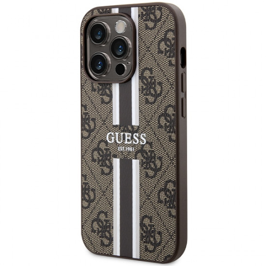 Guess GUHMP15LP4RPSW iPhone 15 Pro 6.1" brown hardcase 4G Printed Stripes MagSafe