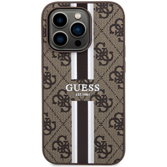 Guess GUHMP15LP4RPSW iPhone 15 Pro 6.1" brown hardcase 4G Printed Stripes MagSafe