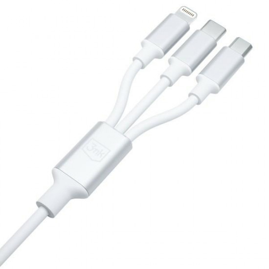 3MK Hyper Cable 3w1 USB-A/USB-C - USB-C/Micro/Lightning 1.5m White Kabel