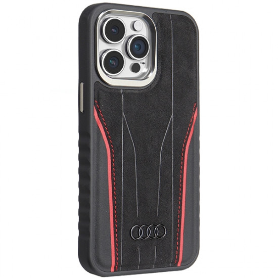 Audi Genuine Leather MagSafe iPhone 15 Pro Max 6.7" black-red hardcase AU-TPUPCMIP15PM-R8/D3-RD