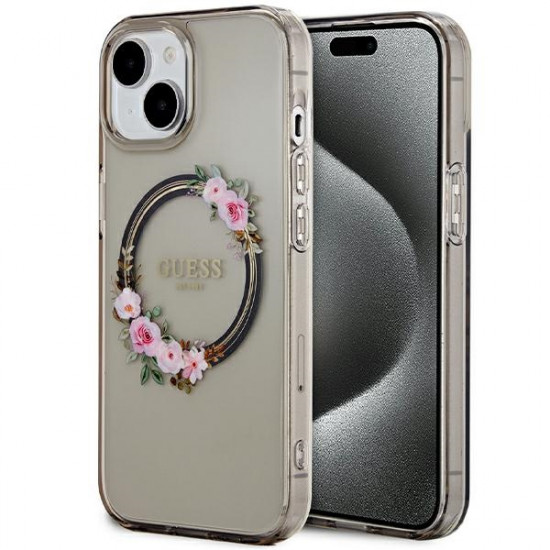 Guess GUHMP15SHFWFCK iPhone 15 / 14 / 13 6.1" black hardcase IML Flowers Wreatch MagSafe