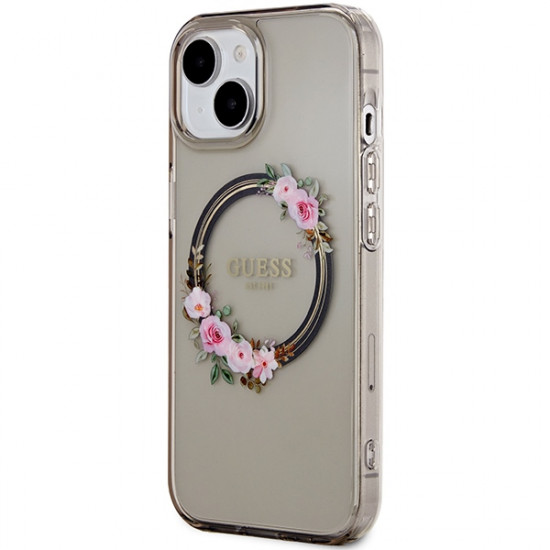 Guess GUHMP15SHFWFCK iPhone 15 / 14 / 13 6.1" black hardcase IML Flowers Wreatch MagSafe