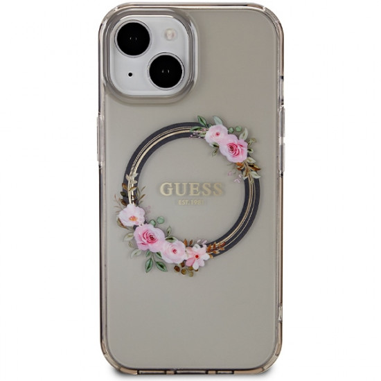 Guess GUHMP15SHFWFCK iPhone 15 / 14 / 13 6.1" black hardcase IML Flowers Wreatch MagSafe