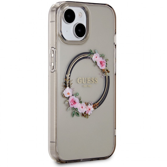 Guess GUHMP15SHFWFCK iPhone 15 / 14 / 13 6.1" black hardcase IML Flowers Wreatch MagSafe