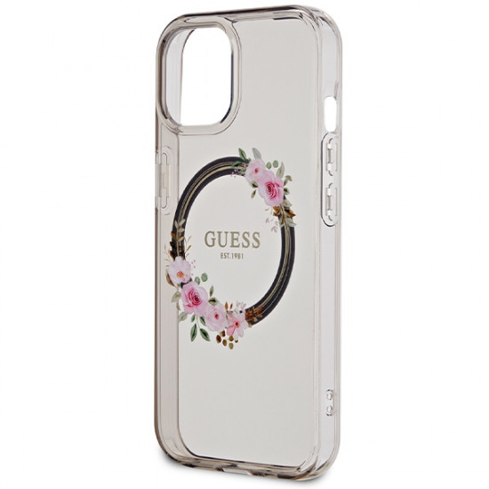 Guess GUHMP15SHFWFCK iPhone 15 / 14 / 13 6.1" black hardcase IML Flowers Wreatch MagSafe