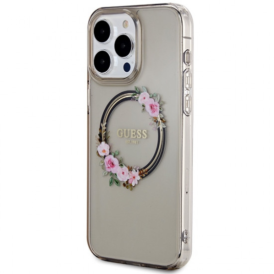 Guess GUHMP15XHFWFCK iPhone 15 Pro Max 6.7" black hardcase IML Flowers Wreatch MagSafe