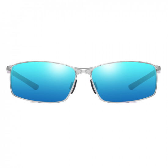 Techsuit Sunglasses Polarized (559) for Men, with UV Protection and Metal Frame, Rectangular Silver / Blue Mirror