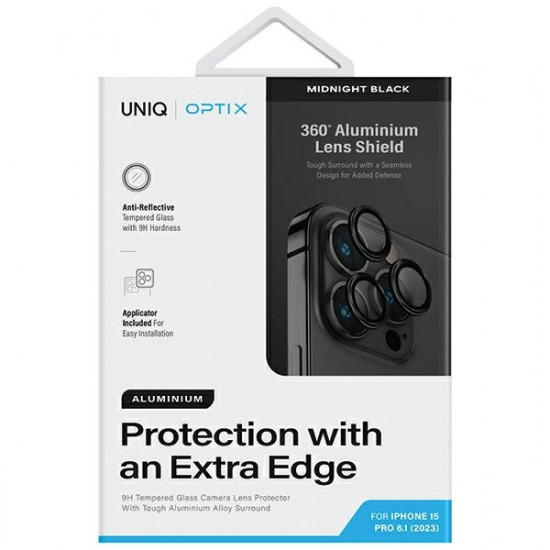 UNIQ Optix Aluminium Camera Lens Protector iPhone 15 Pro 6.1" midnight black with applicator