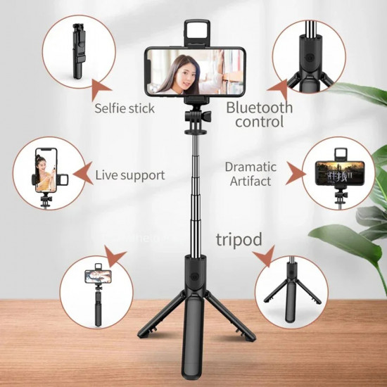 Techsuit  Selfie Stick (S03 S)  Stable and Compact Tripod Mount with Bluetooth Remote Control, LED Fill Light, 67cm  Black