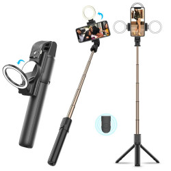 Techsuit  Selfie Stick (K13)  Compact Tripod Mount with Bluetooth Remote Control, LED Beauty Light, Foldable, 84cm  Black