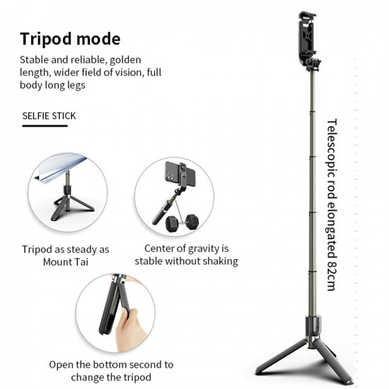 Techsuit  Selfie Stick (L03)  Stable Tripod with Bluetooth Remote Control, Aluminium Alloy, 82cm  Black