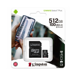 Kingston  Memory Card Canvas Select Plus (SDCS2/512GB)  MicroSDXC with Adapter, 512GB, Class 10 / UHS 1 U3  Black Kingston  Memory Card Canvas Select Plus (SDCS2/512GB)  MicroSDXC with Adapter, 512GB, Class 10 / UHS 1 U3  Black